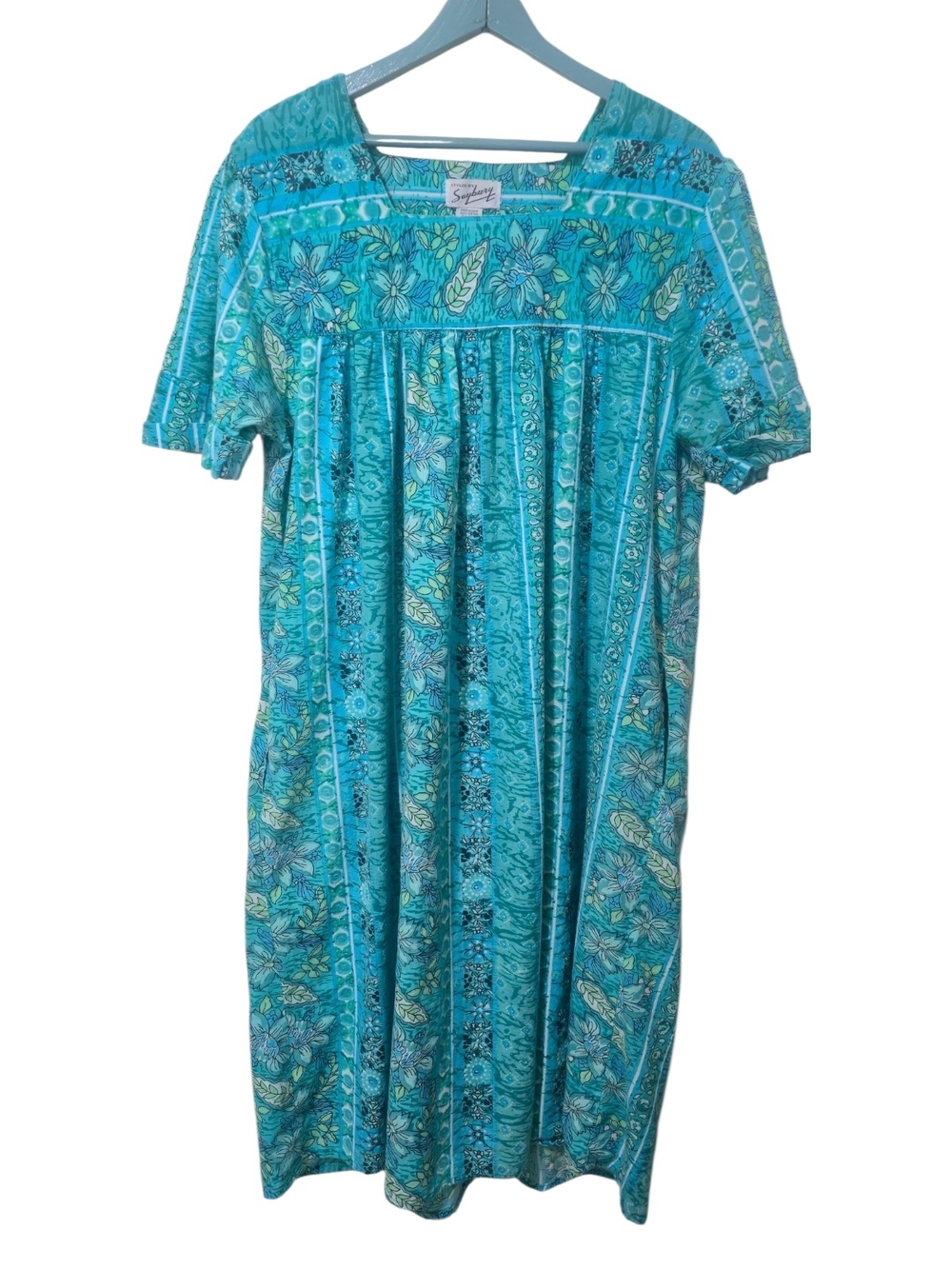 Vtg Saybury Turquoise Floral Lounge House Dress Mumu Granny 1X Pocket Cottage